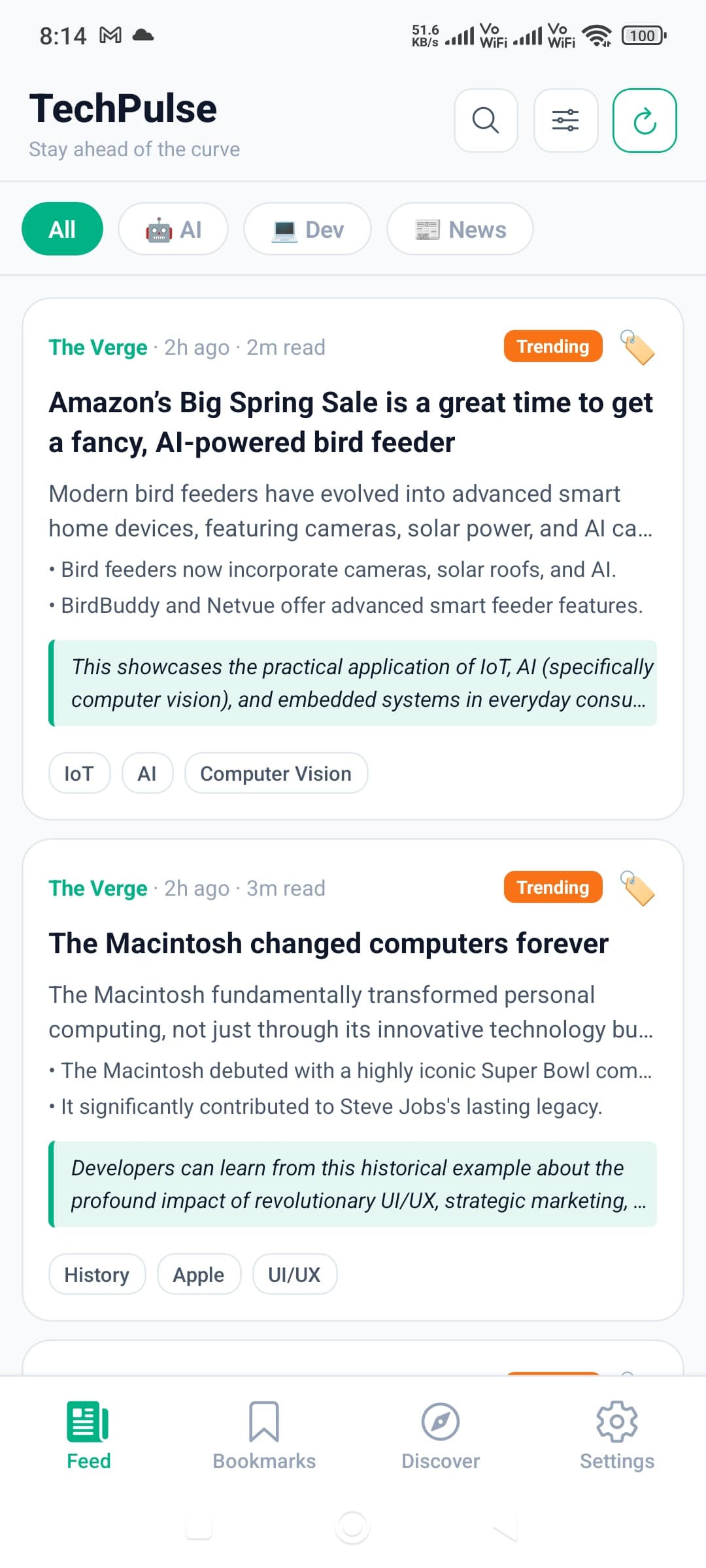 TechPulse app — main news feed